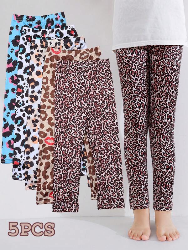 5 pièces Leggings imprimé léopard pour filles, collants pour jeunes filles, pantalons confortables 7/8 longueur, convient pour un port quotidien