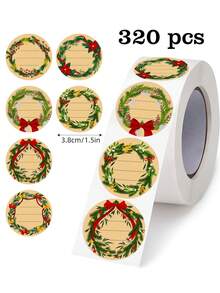 320 张/卷圣诞花环牛皮纸便签卷，6 种图案，大尺寸 3.8 厘米，礼物、卡片、婚礼、圣诞节、节日派对、礼品、信封、卡片 DIY 装饰、可写便签贴纸、PVC 贴纸、学校用品、返校 - 彩色 - 查看 6