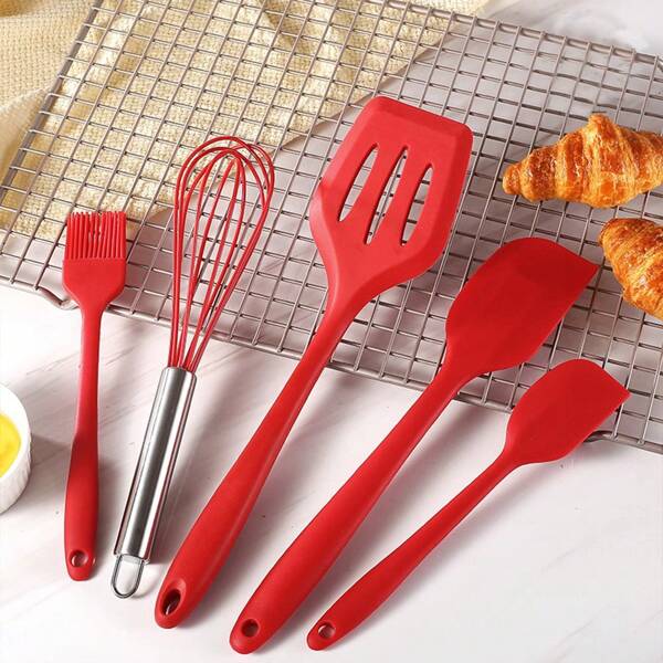 Juego de 5 piezas: Espátula para freír, espátula, espátula, brocha para aceite, batidor de huevos, utensilios de cocina de silicona resistentes a altas temperaturas, juego de herramientas de cocina y repostería para el hogar, utensilios de cocina