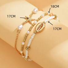 1 Set de cadena para tobillo con diseño de perlas, conchas y estrellas de mar de estilo dulce oceánico, de varios niveles, para mujer, para vacaciones en la playa/fiestas en la piscina
