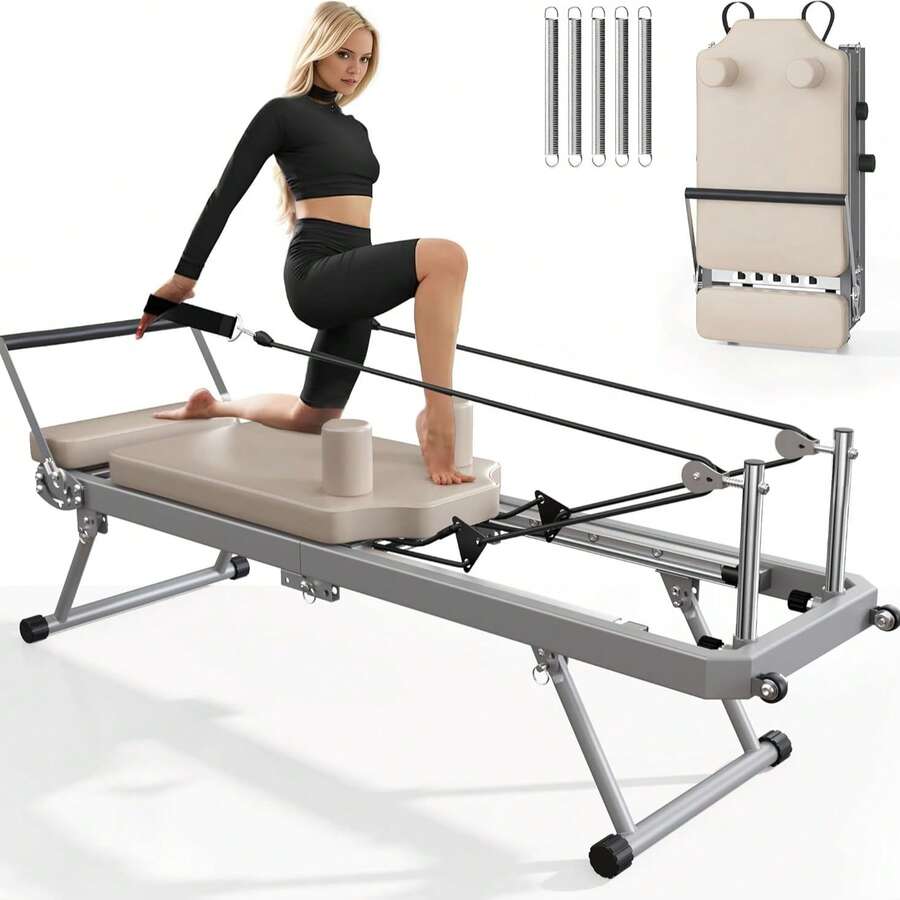 DlandHome Máquina reformadora de Pilates, reformador de Pilates de interior con resortes de aleación de alta resistencia, reformador de Pilates plegable para gimnasio en casa - Actualización Beige Plus - Ver 1