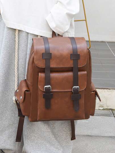 14.7英寸笔记本电脑背包大容量背包适合青少年男生男士PU皮革背包男书包带拉链高品质