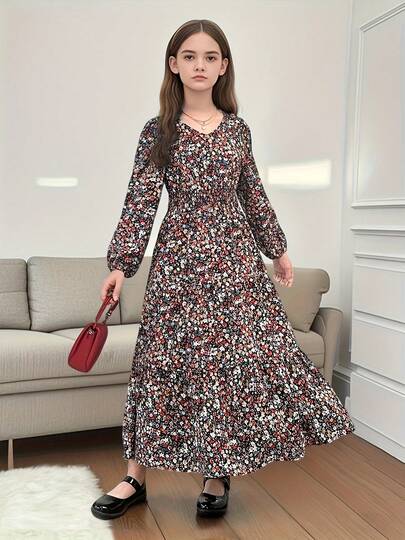 秋季时尚花卉印花长裙，V 领复古花卉泡泡袖收腰长袖飘逸长裙，优雅