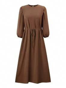 女士棕色阿拉伯风格无弹力长裙，圆领长袖设计，飘逸梭织面料，及地长款礼服，春季款 - 棕色 - 查看 2