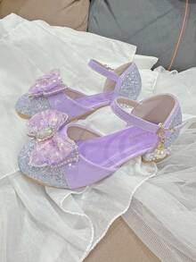 Scarpe con tacco alto e spesso per ragazze, con fiocco decorato con cristalli, luccicanti, adatte per principesse, occasioni di festa, multistag ione - Viola - Visualizzare 5