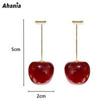 Ahania Red Cherry Earrings Fruit Pendant Long Cherry Earring With Gold Pin Cute Women's Jewelry - 酒紅色 - 查看 11