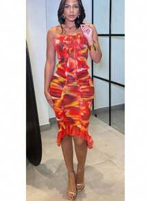 Tropical Waters Print Mesh Ruffle Halter Skirt Set  All Over Print    Boho    Ruffle Hem  Backless  Cut Out - trái cam - Xem 4