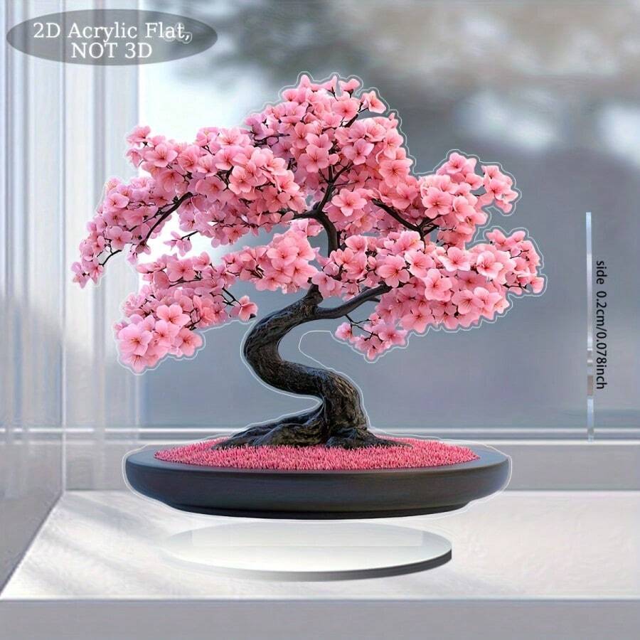 1 件 2D 粉色樱花亚克力盆景树桌面装饰 - 传统风格，7.9 英寸圆形桌面展示，黑色树干和鲜艳的粉色花朵，非常适合情人节、复活节和季节性室内装饰，送给朋友的理想礼物，季节性室内装饰 | 传统风格装饰 | 充满活力的花卉设计，樱花装饰