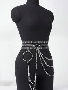 女士黑色性感 PU 皮革紧身胸衣腰带，带链条装饰，哥特式时尚配饰，适合狂欢 - 黑色 - 查看 9