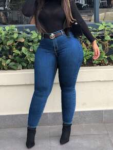 European And American Oversized Tight Fitting Fashionable Casual Simple Solid Color Denim Deep Blue Women's Seasonal Commuting Elastic Tight Fitting Leggings - Nhiều màu - Xem 2