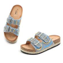 Womens Slides With Cork Footbed Open Toe Adjustable Webbing Flat Sandals For Walking | Beach | Indoor POWDER-03 - Màu xanh lam - Xem 1