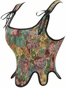 Womens Vintage 1920s Renaissance Lace Trim Corset Bustier, Retro Fashion - Black Flower - 查看 3