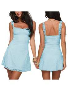 Women's Summer Mini Dresses Sleeveless .Y Square Neck Backless Lace Splicing Cocktail Party Straps Bodycon Dress - Màu xanh lam - Xem 5