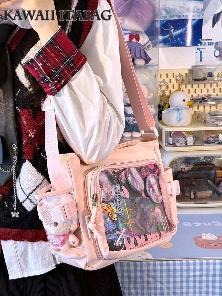 可爱小包女孩纯色透明口袋10厘米娃娃包日式学院风斜挎包女士钱包和手提包DIY单肩包带徽章展示盘返校礼物动漫粉丝演唱会别针包