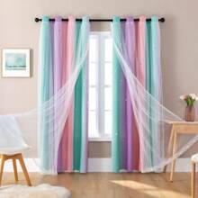 1 pièce Rideau pour chambre de filles noir et rose, rideau de décoration de chambre, rideau arc-en-ciel pour chambre d'enfant, rideau occultant pour chambre de petite fille, sticker mural licorne, rideau rose à double couche avec étoiles ajourées, rideau de style Ins romantique en dentelle de princesse