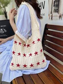 Túi Tote Dệt Kim Pentagram, Túi Dệt Kim Phong Cách Tối Giản Cross-Border, Túi Đeo Vai Dung Tích Lớn Cá Nhân Hóa Thời Trang - Màu be - Xem 3