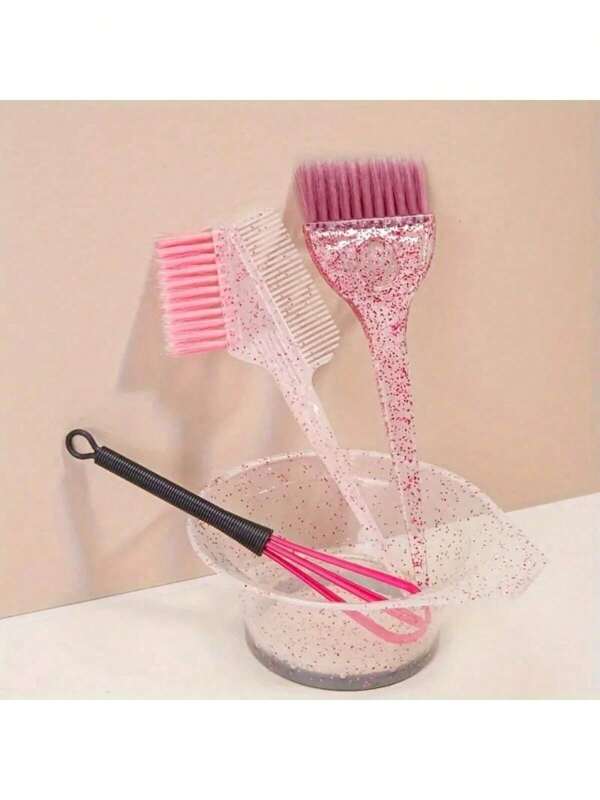 4pcs Sparkling Hair Styling Set, Hair Dyeing Comb, Oil Dyeing Brush, Single Sided Soft Hair Transparent Pearl Brush, Hair Dye Mixing Stick, Highlight Dyeing Bowl