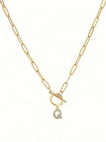 1pc Custom Gold Letter Necklace, Toggle Clasp Design, Sparkling Rhinestone Studded Initial Pendant, Unique Personalized Jewelry To Elevate Your Look, Perfect For Layering