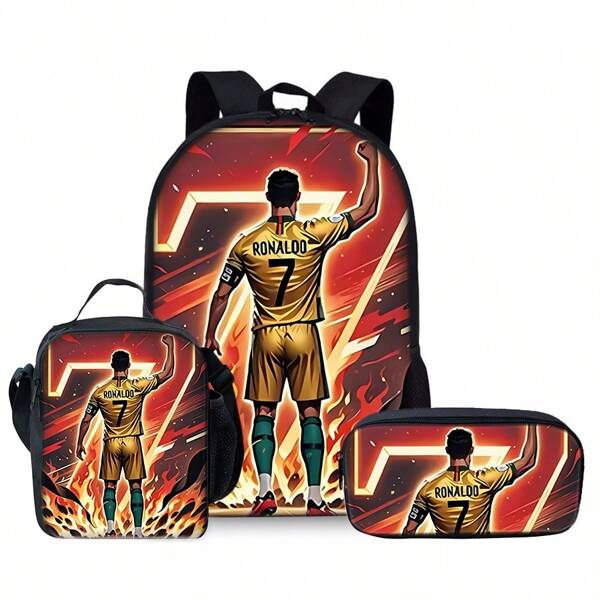 Football Star Pattern Printed 17-Inch Backpack Three Pieces Set (Single-Layer Backpack + Shoulder Strap Lunch Bag + Single-Layer Pencil Bag)