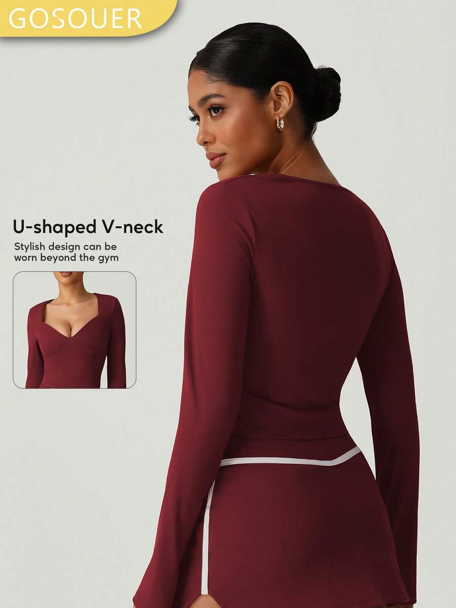 Women's Slim Fit Deep V Neck Thumb Buckle Outdoor Casual Sports Long Sleeve T-Shirt For All Season - Red Violet - View 1