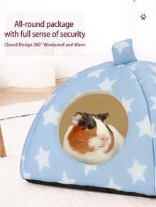 1个蓝色星形图案仓鼠床，兔子藏身处，舒适温暖的小宠物窝，可水洗，适合小型宠物、雪貂和兔子