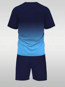 男士休闲渐变字母印花圆领短袖上衣和抽绳短裤套装，舒适百搭，100% 涤纶，弹力面料，适合夏季穿着 - 彩色 - 查看 2