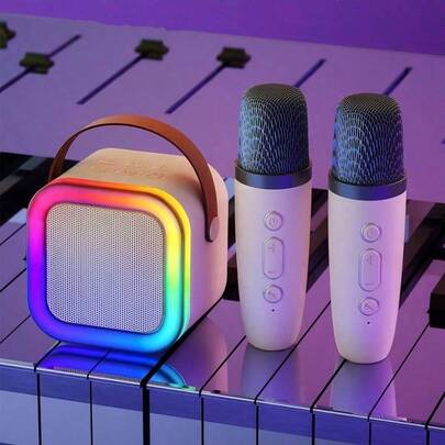 全新热销 K12 蓝牙音箱便携式家用可爱卡拉 OK 迷你无线音响带麦克风 K 歌家庭唱歌机带 2 个麦克风