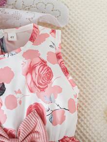 2 件套女童春秋时尚荷叶边下摆夹克搭配精致蝴蝶结花卉印花无袖连衣裙两件套服装，可爱又生动