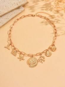 1pc Summer Beach Vacation Style Multi Sea Creature Pendant Necklace, Fashionable Versatile Alloy Seashell Coral Pendant Necklace For Women, Suitable For Daily Outfit, Travel And Party Wear