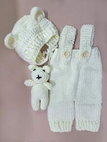 Newborn Photography Clothing Hand-Knitted Suspender Jumpsuit Costumes And Bear Ear Hat Teddy Bear Dolls Decor Outfits - 彩色 - 查看 4