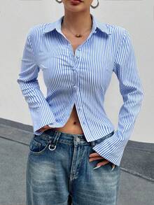 French Style Slim Fit Blue And White Striped Long Sleeve Elegant Office Wear Blouse For Women Shirt Top Casual Commute Fashion Women's New Autumn Clothing Baby Blue Fall Women Clothes Business Casual Woman Button Up Shirt Women - Baby Blue - View 5