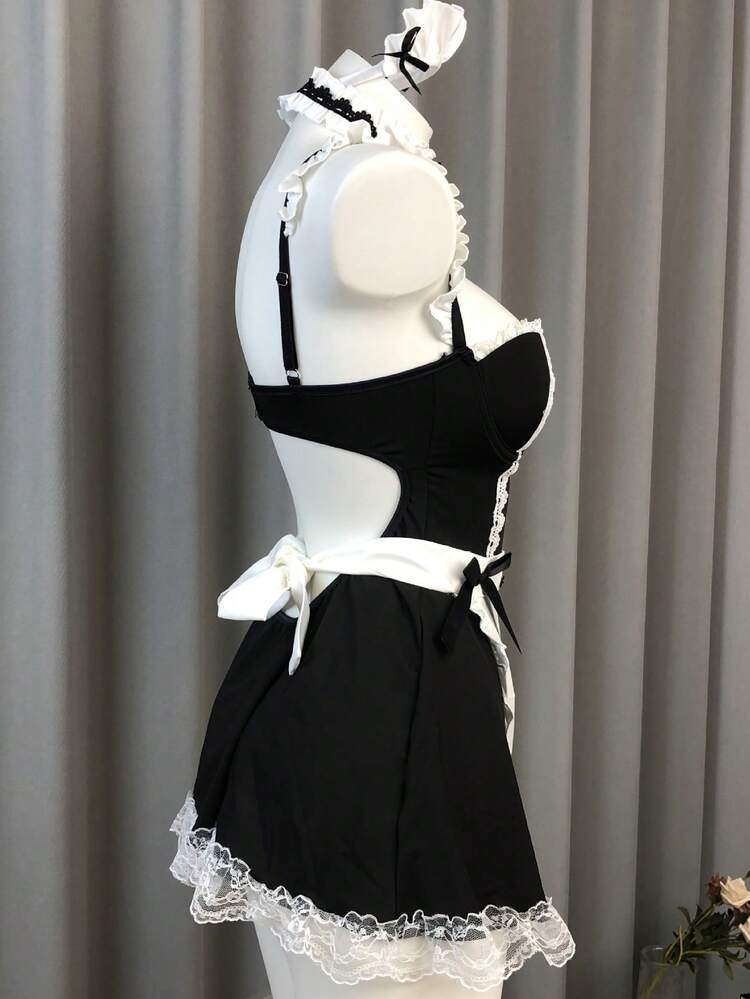 1 套女式性感蕾丝细肩带女仆装，性感女仆装，适合角色扮演、派对、黑暗洛丽塔风格（包括发带 + 衣领） - 黑色 - 查看 7