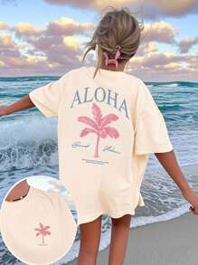 Ladies' Spring And Summer New Palm Tree Slogan Print Daily Casual Round Neck Short Sleeved T-Shirt Fashionable Vacation Style, Your Daily Necessity. Graphic Tees Women White Top Black Top Pink Top Vacation Outfits Women