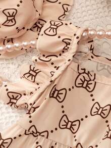 Cute Cat & Dog Allover Print Hooded Jumper Dress With Bow Decor - Apricot - View 6