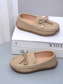 1 Pair Classic Cute Flat Shoes, Neutral Child Stitched Loafers, Soft Sole Anti-Slip Retro Boat Shoes, Fashion Casual Campus Student Daily Commute Comfortable Versatile Square Toe Shoes - Khaki - View 1