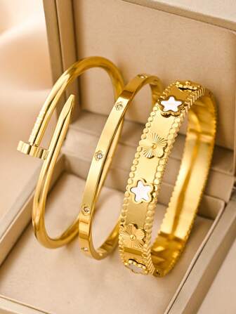 3pcs/Set 18K Real Vacuum Electroplated Stainless Steel Bracelets For Women, Fashion Jewelry Suitable For Parties, Festivals, Street Style, Banquets, Engagements, Weddings, Music Festivals, Summer Beach Parties