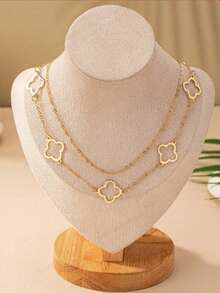 1 件镂空四叶草吊坠链项链，优雅精致的女性设计，欧美风格 - 金黃色 - 查看 2