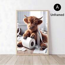 1/3 件套奇思妙想高地牛浴室海报 | 有趣的农场动物帆布艺术，Cottagecore 奶牛礼品，适合幽默爱好者的农舍墙壁装饰，无框架