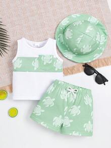 3 件套时尚男婴海龟印花上衣、印花短裤和帽子套装，夏季