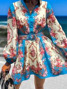 Váy dài vừa phải, cổ tròn, tay lỡ, phong cách Bohemian, cổ điển, thanh lịch, buộc dây, chất lượng cao cho nữ mùa xuân và mùa hè - Màu xanh lam - Xem 4