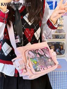 可爱小包女孩纯色透明口袋10厘米娃娃包日式学院风斜挎包女士钱包和手提包DIY单肩包带徽章展示盘返校礼物动漫粉丝演唱会别针包