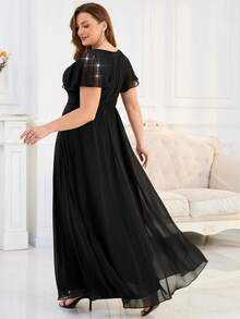 Plus Size Romantic Chiffon V-Neck Beaded Ruffle Sleeve Evening Dress, Black Bridesmaid Dress Suitable For Party, Summer Wedding Guest - Black - View 2