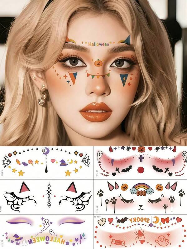 6 Sheets Halloween Face Tattoos Halloween Temporary Tattoos Women Realistic Waterproof With Ghost Bat Pumpkin Scars Clown Spider Web Eyeshadow Stickers For Halloween Face Makeup Cosplay Festival Party
