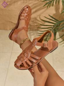 女士宽版优雅镂空渔夫鞋，网格交叉扣平底凉鞋，轻便百搭休闲沙滩派对凉鞋