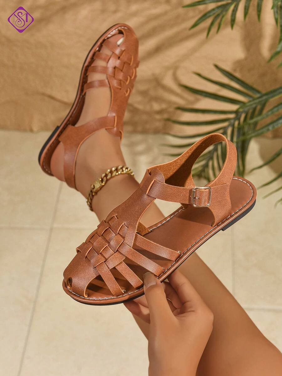 女士宽版优雅镂空渔夫鞋，网格交叉扣平底凉鞋，轻便百搭休闲沙滩派对凉鞋