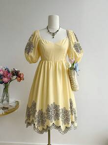 Rusttydustty Yellow Flame Pattern Casual Dress, Suitable For Women, Boho Style, Beach Outfit, Hawaiian Coachella Music Festival Tropical Holiday - Yellow - View 2