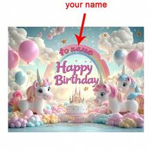 [Custom] Personalized Birthday Party Backdrop, Happy Birthday Fairy Background, Gold & Blue Glitter, 100% Polyester, Unicorn & Rainbow, Ideal For Party And Outdoor Decor, Birthday Decoration,Art Activities For Children - 1PC - View 5