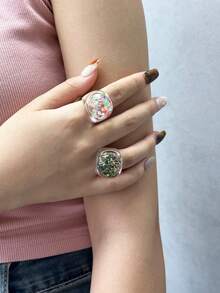 1 件/2 件梦幻绝对彩色渐变树脂透明不对称纹理闪光戒指，适合女性日常休闲装装饰和赠送朋友