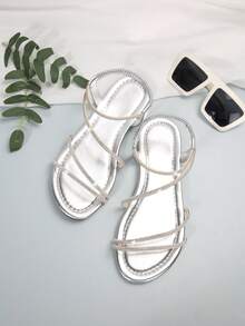女士夏季新款露趾绑带交叉松紧带平底凉鞋，欧美风格，沙滩装扮 - 銀色 - 查看 7