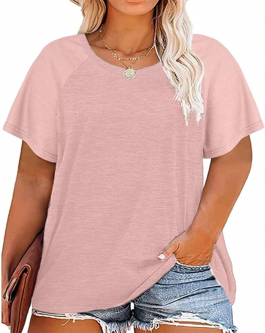 Women's Plus Size Floral Bell Sleeves Crewneck Tunic Loose Casual Summer Tops,-Shirts LETY - Pink - View 1